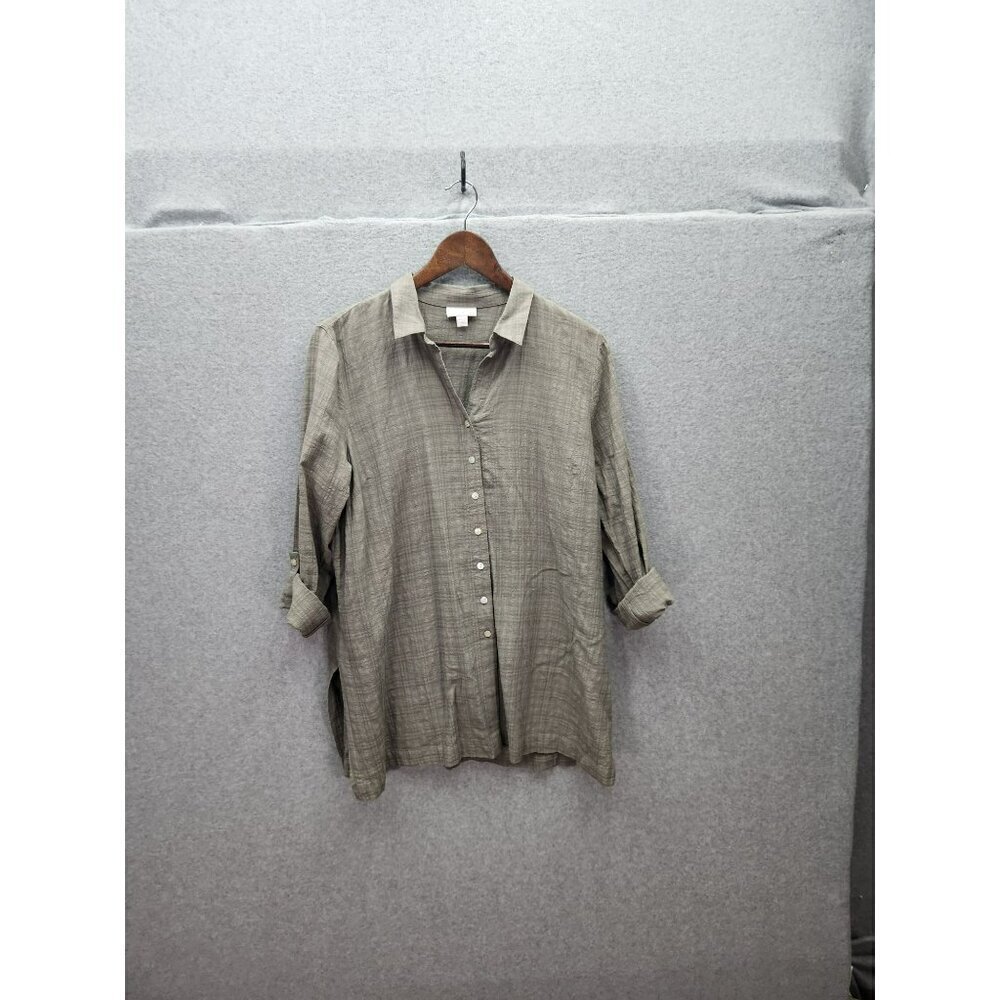 J.Jill Womens M Plaid Button-Up‎ Shirt Light Olive Green Cotton top